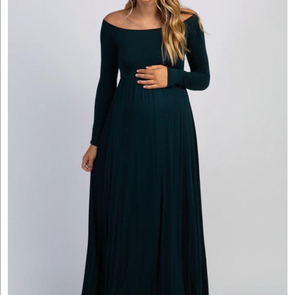 PinkBlush Forest Green Solid Off Shoulder Maternity Maxi Dress (Size Small)